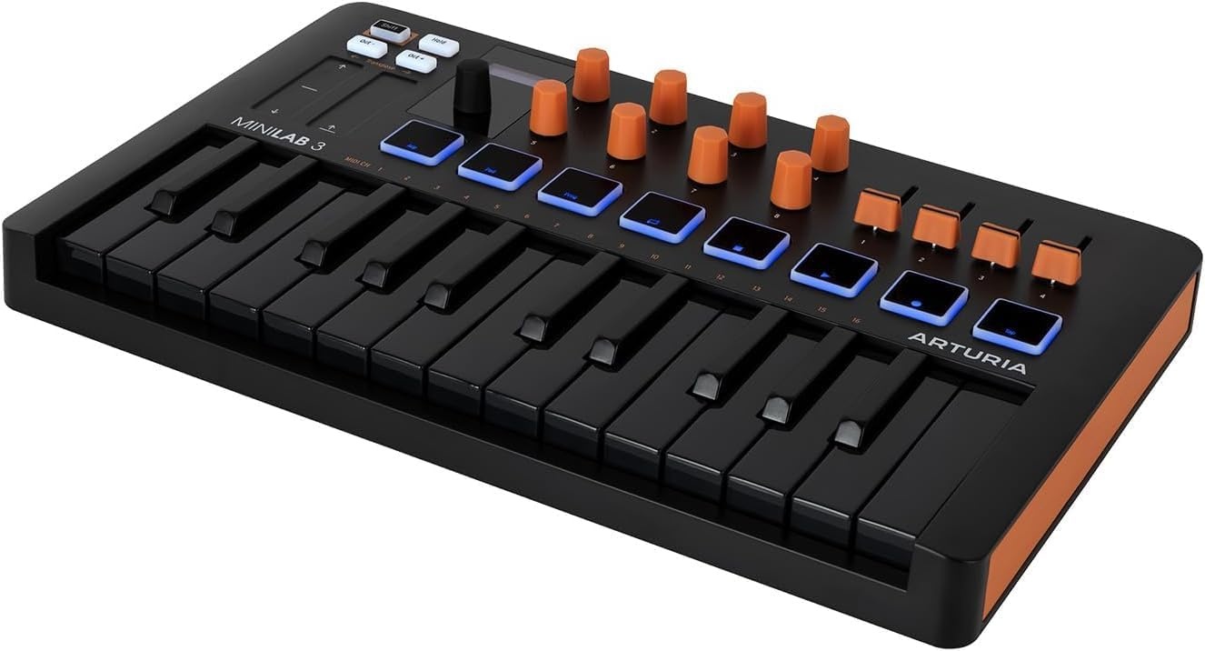 image:imageArturia MiniLab 37 MIDI Keyboard Controller Slim expanded keybed for twohanded play DAWintegrated pads and faders realtime mini display arpeggiator and Chord modeBlackOrange
