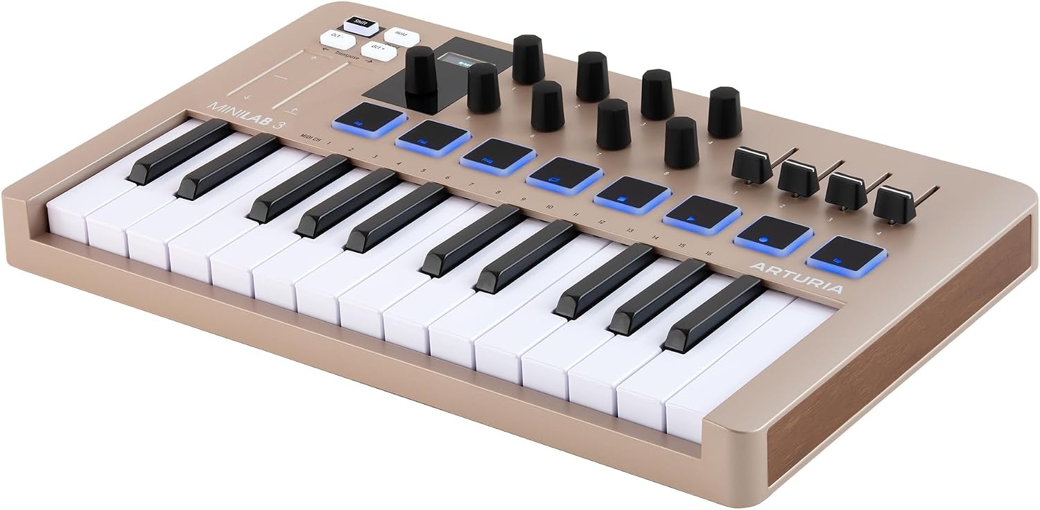 image:imageArturia MiniLab 37 MIDI Keyboard Controller Slim expanded keybed for twohanded play DAWintegrated pads and faders realtime mini display arpeggiator and Chord modeChampagne