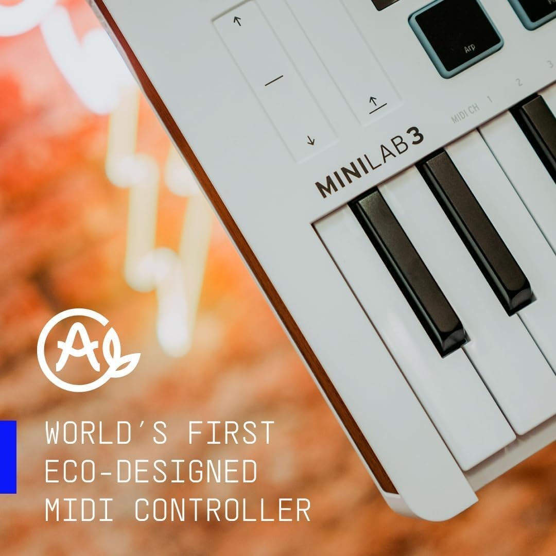 image:imageArturia MiniLab 37 MIDI Keyboard Controller Slim expanded keybed for twohanded play DAWintegrated pads and faders realtime mini display arpeggiator and Chord modeChampagne