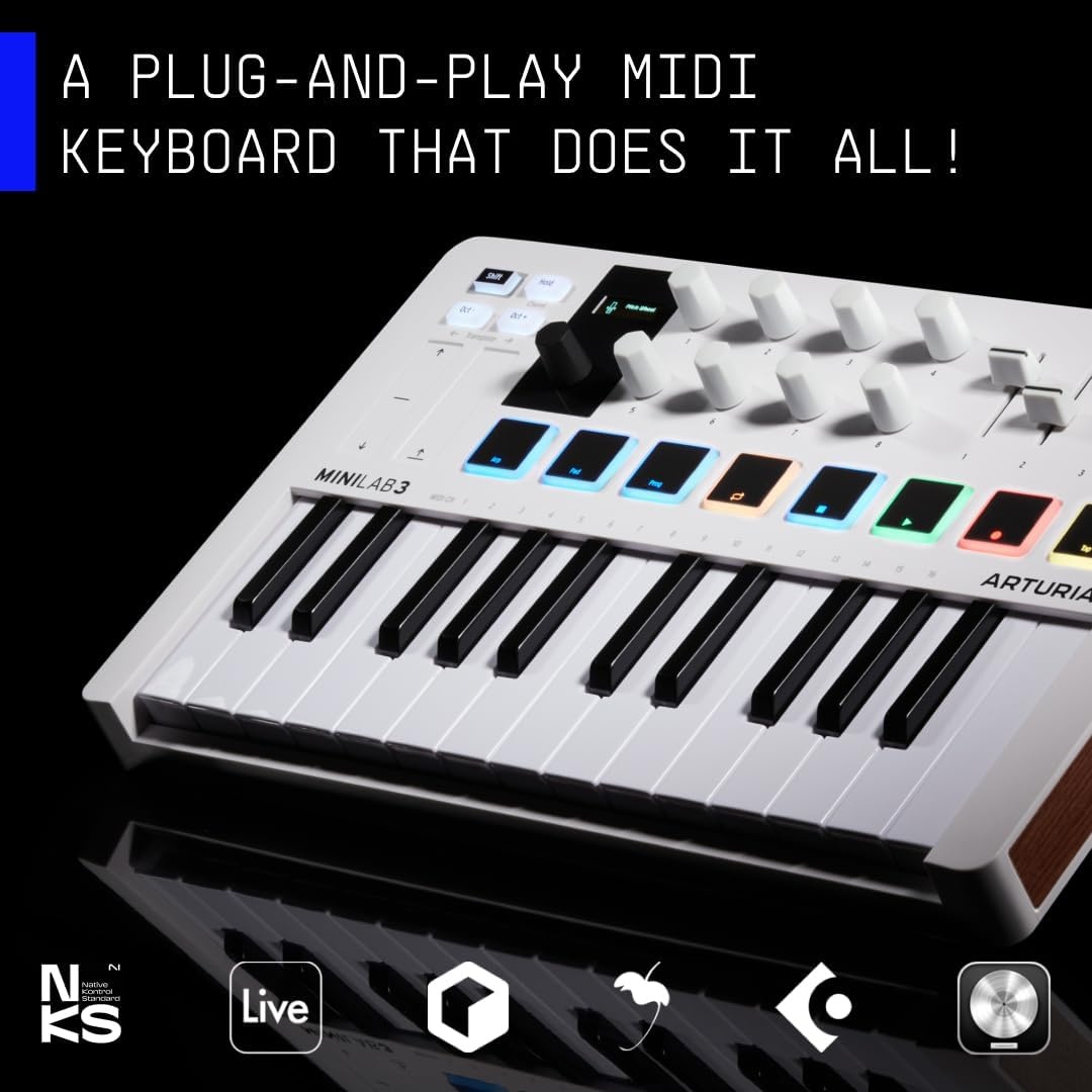 image:imageArturia MiniLab 37 MIDI Keyboard Controller Slim expanded keybed for twohanded play DAWintegrated pads and faders realtime mini display arpeggiator and Chord modeChampagne