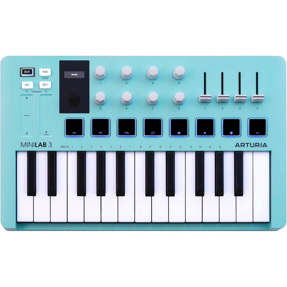 image:imageArturia MiniLab 37 MIDI Keyboard Controller Slim expanded keybed for twohanded play DAWintegrated pads and faders realtime mini display arpeggiator and Chord modeAquamarine