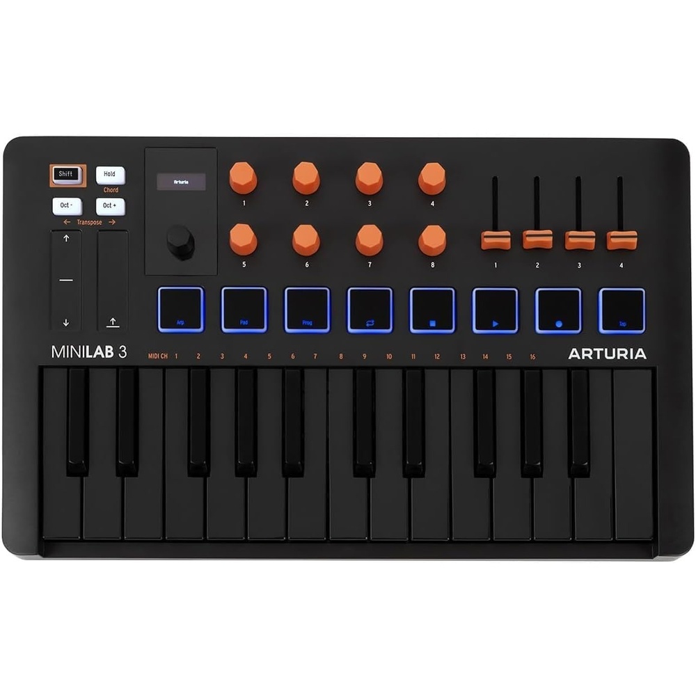image:imageArturia MiniLab 37 MIDI Keyboard Controller Slim expanded keybed for twohanded play DAWintegrated pads and faders realtime mini display arpeggiator and Chord modeBlackOrange