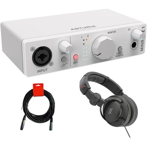 Arturia MiniFuse 1 Portable USB Type-C Audio Interface (White) with Studio Pro Monitor Headphones and XLR-XLR Cable